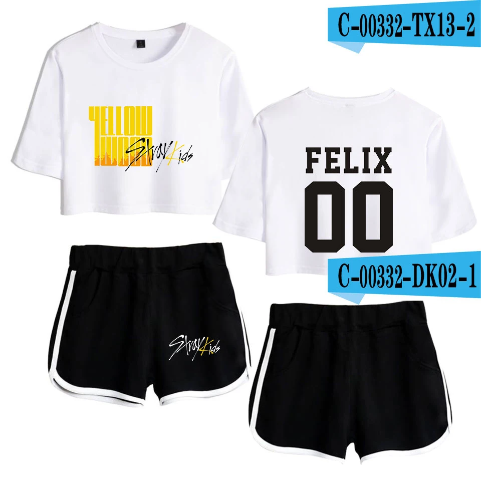 

Kpop Stray Kids 2 Piece Woman Set Album Yellow Wood Crop Tops Short+T-Shirt Tracksuit Shorts Female Tshirts Ladies Clothing