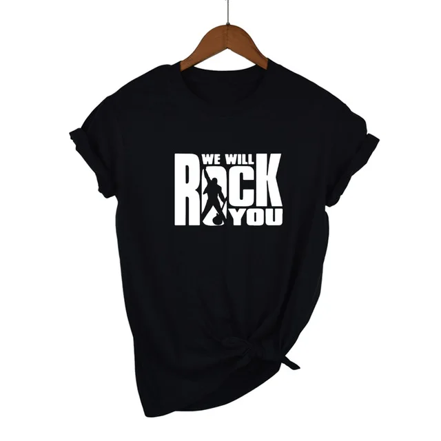 Black We Will Rock You Женская Футболка Летний стиль королева рок группа футболка короткий рукав хлопок рок-ролл женские топы - Цвет: Black