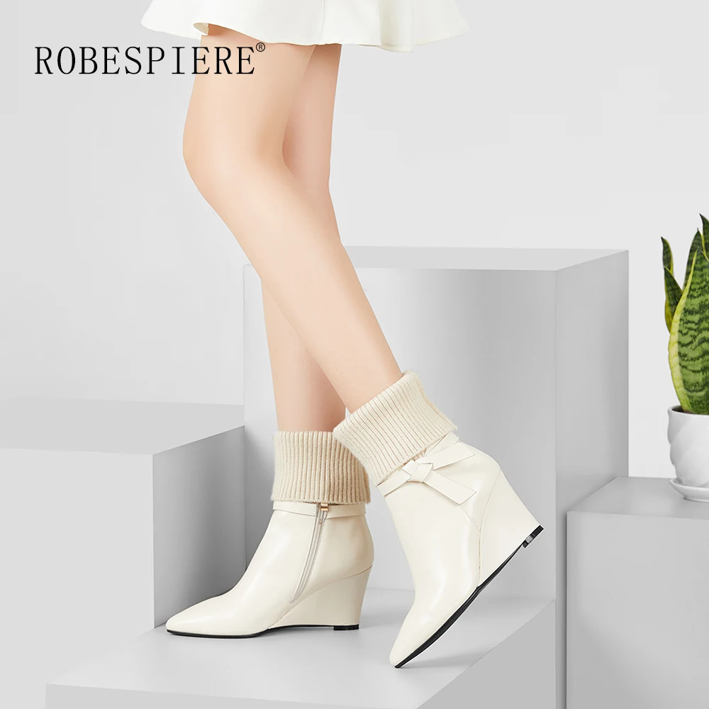 ROBESPIERE/женские ботинки на танкетке ботильоны с острым носком из натуральной кожи