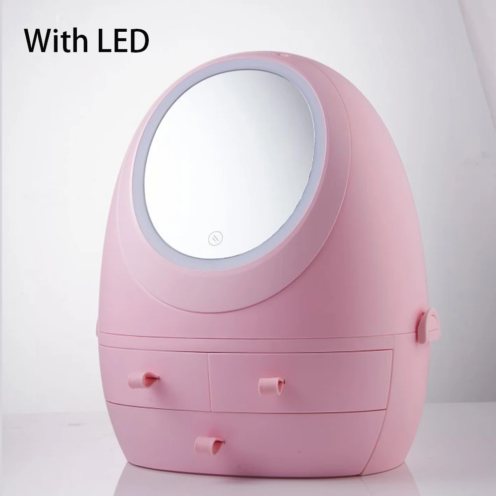 Pink LED USB коробка для хранения косметики с светодиодный светильник зеркало для макияжа Косметика Уход за кожей продукты ящики держатель портативный органайзер контейнер - Цвет: Pink LED