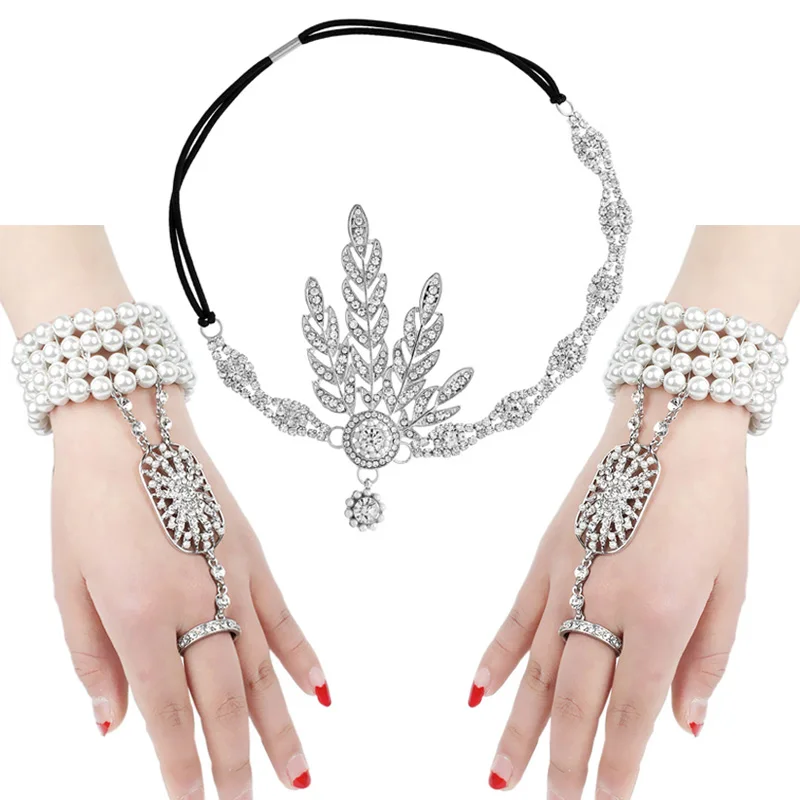 Great Gatsby Inspired Leaf Simulated 1920s Jewelry Set Costume Accessories 20s Flapper Pearl Headband Bracelet Ring |