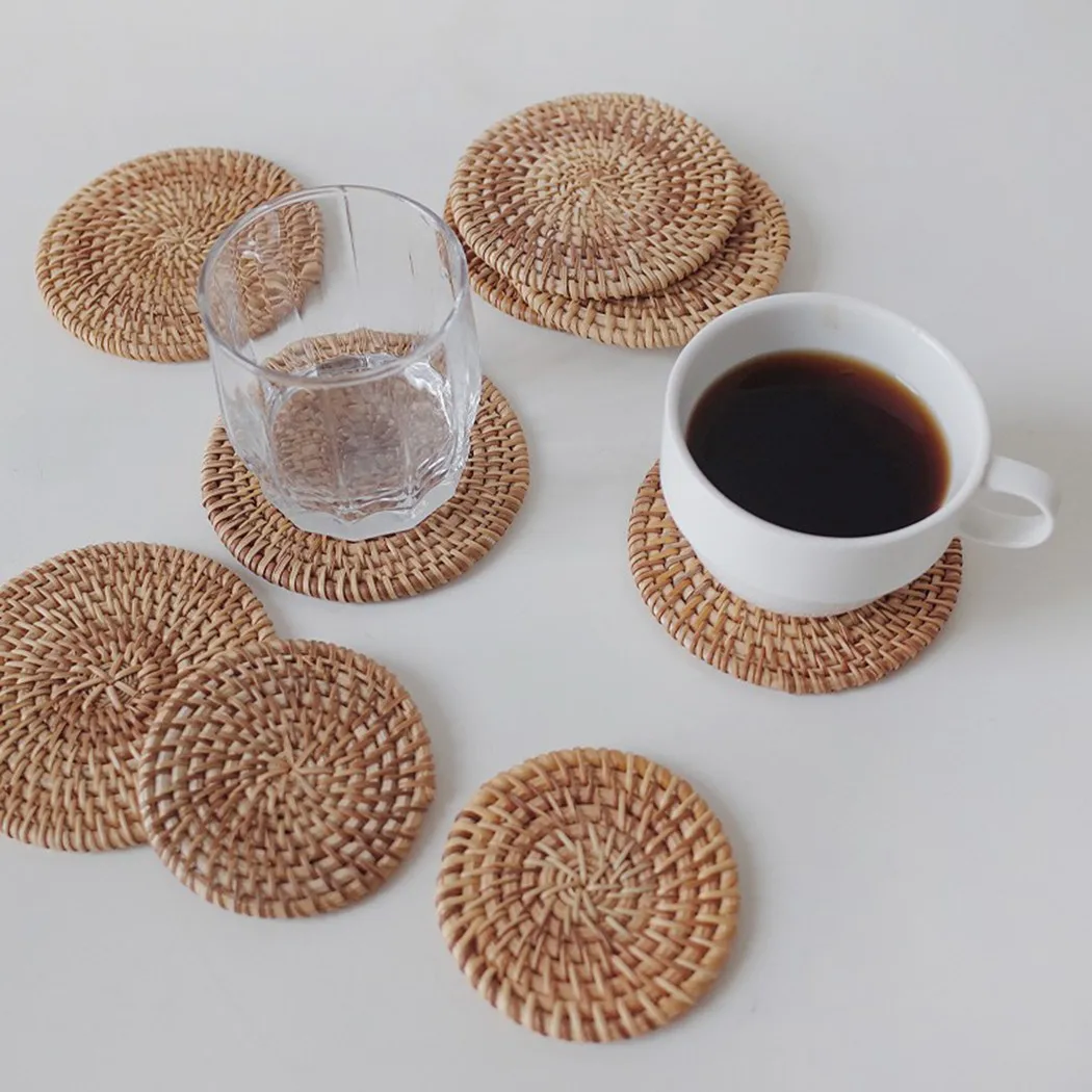 

10CM Handcrafted Woven Rattan Coaster Multi-Use Heat Insulation Anti Scald Round Tea Cup Mat Pot Cushion Pad With Holder