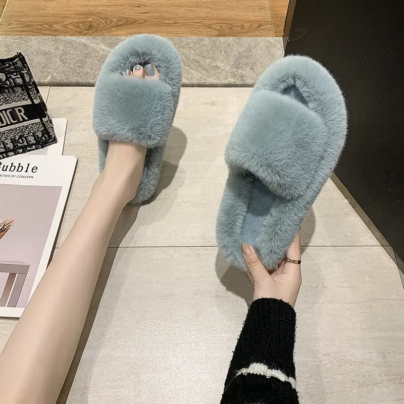 

2020 Women's Faux Fur Slippers Autumn Winter House Warm Sliders Fluffy Comfortable Flat Ladies Shoes Furry Slides S6079