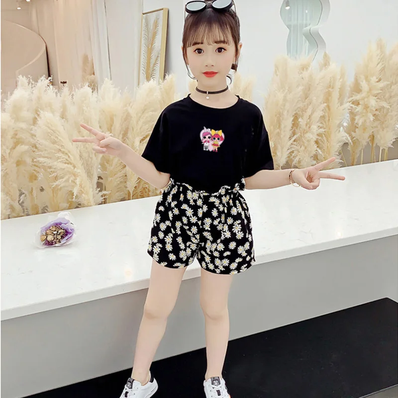 

Two Pieces Cotton Girls Clothing Sets Summer shirts + short pants Children Sets Fashion Girls Clothes Suit Casual Floral Outfits