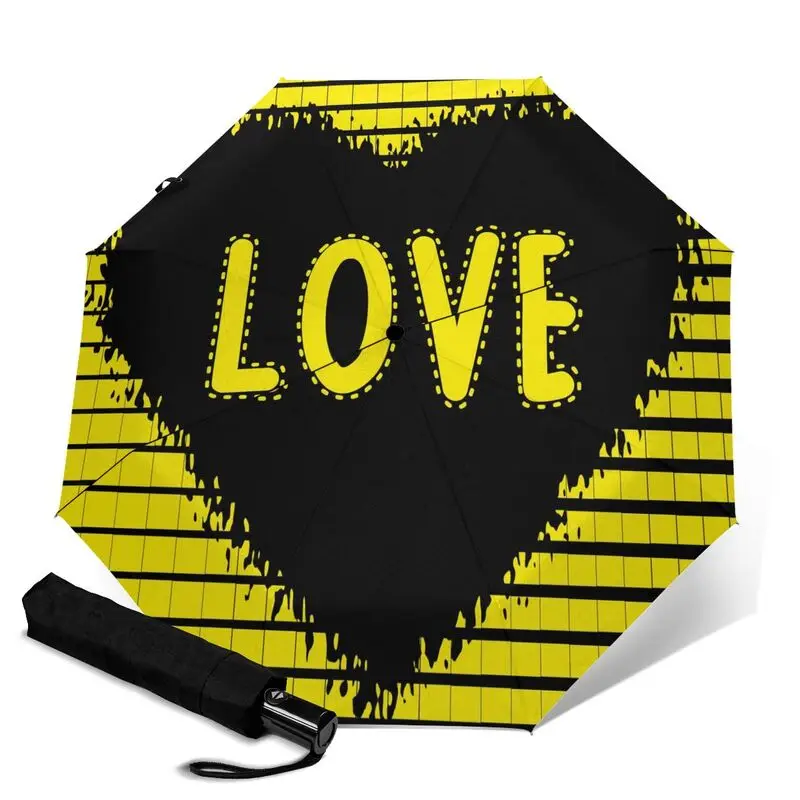 

Small Folding Umbrella Windproof DIY Art Custom Heart Love Printing Parasol Rainy Days Outdoor Patio Yellow Umbrella for Beach