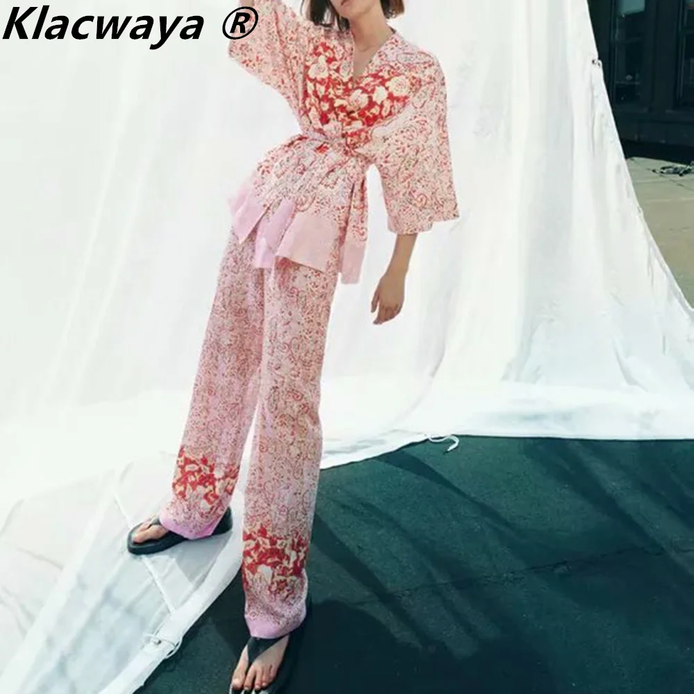 

Klacwaya 2021 Women Vintage With Belt Floral Print Kimono Blouses + Female High Elastic Waist Wide Leg Trousers Chic Lady Suit