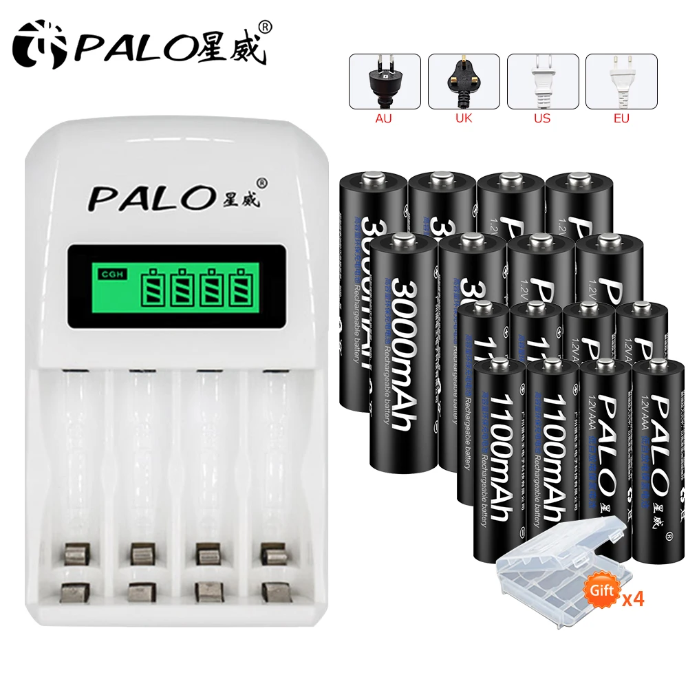 8-8battery EU PALO 4шт. 1,2 В большой емкости батарейки АА 3000 мАч+ 4шт батарейки 1100 мАч АА / ААА 3А аккумуляторная батарея с подарочным чехлом - Цвет: 8-8battery EU