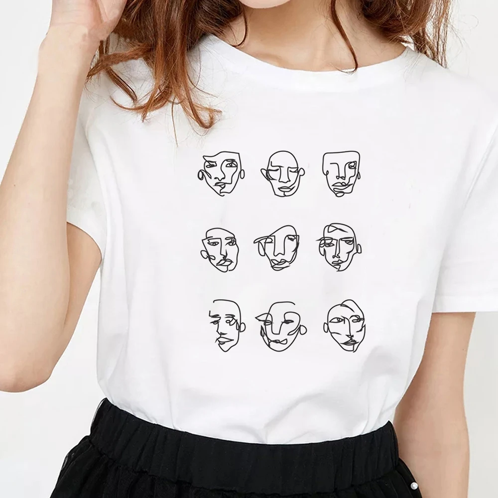 

fashion minimalist abstract face print T-shirt Modal summer short-sleeved O-neck T-shirt fashion casual wild women's shirt