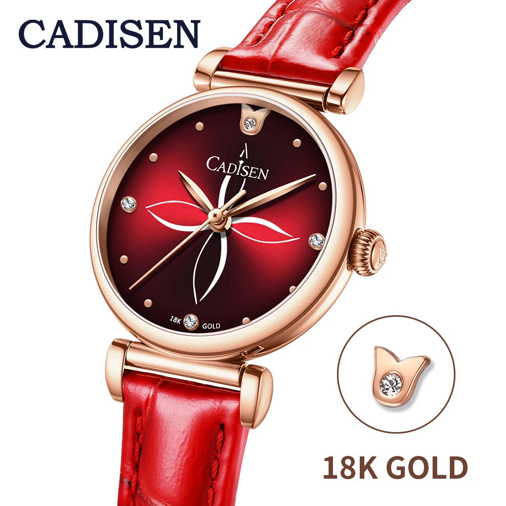 

CADISEN New 18K GOLD Woman Watch Luxury Brand Female Wristwatch 30M Waterproof Fashion Red Belt Gold Quartz Watch Gift For Women