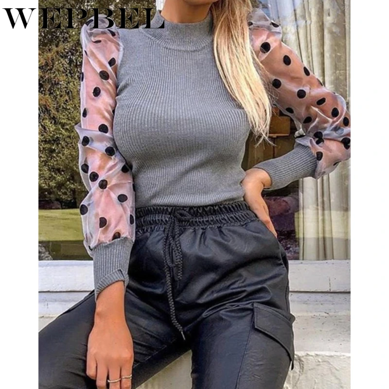 

WEPBEL женские осень-зима элегантное платье в горошек с принтом узкие вязаный пуловер свитер женский с длинным рукавом с круглым вырезом рубаш...