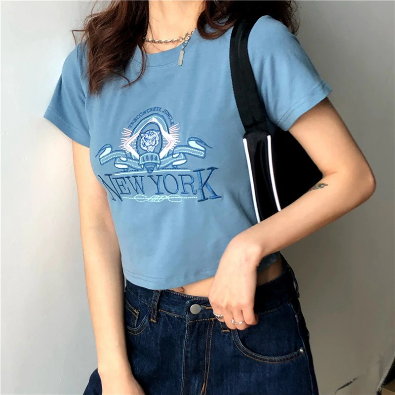 

Short-Sleeved T-Shirt Women 2021 Summer New Korean Version Of The Short Round-Neck Blue Embroidered Slim Top
