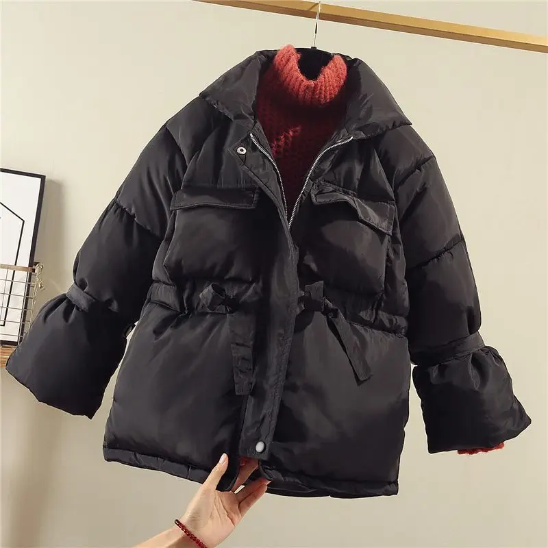 Модная черная Плотная хлопковая куртка с поясом на талии зимняя пальто для