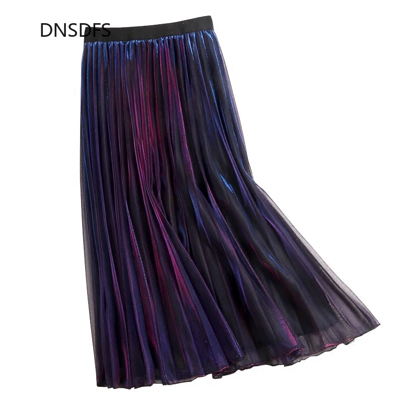 

Gradient Mesh Reflective Skirts Womens Vintage Pleated Skirts Women Casual Mid-calf Skirts Women Summer Autumn 2 Layers Clothes