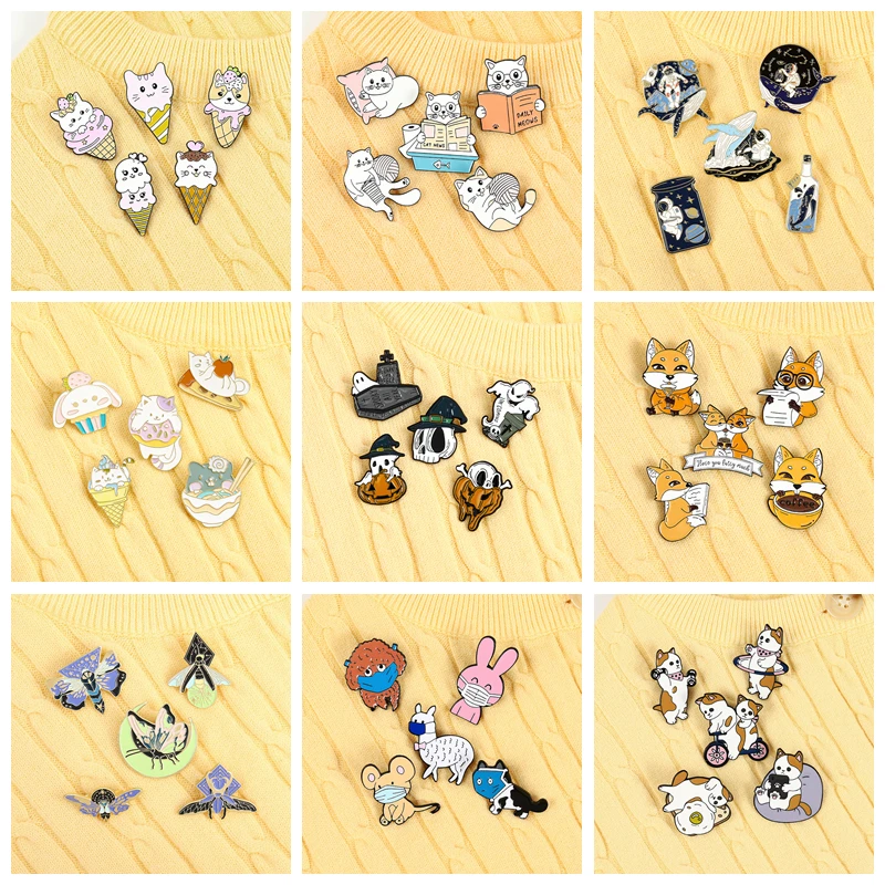 

4~5pcst Cartoon animal Enamel Pin Set Cat rabbit alpaca, pumpkin skull Brooch Badge Creative Gifts for children Lapel Pins Gifts