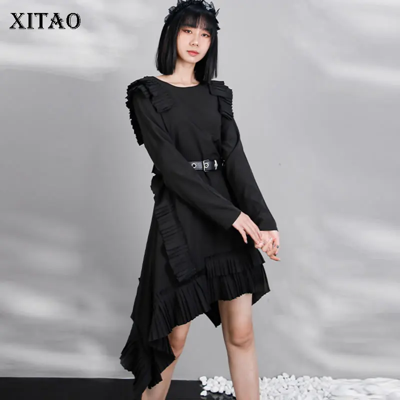 

XITAO Ruffles Patchwork Dress Women Asymmetrical Tide Fashion New Style O Neck Collar Long Sleeve Elegant Slim Pullover WMD2636