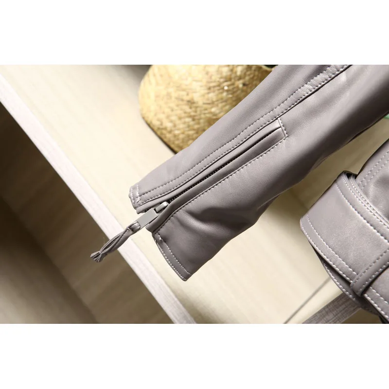 

Spring Autumn Casual Short Faux Leather Jacket With belt Women Slim long sleeve Black Dark-brown Motorcycle Biker Jackets Female