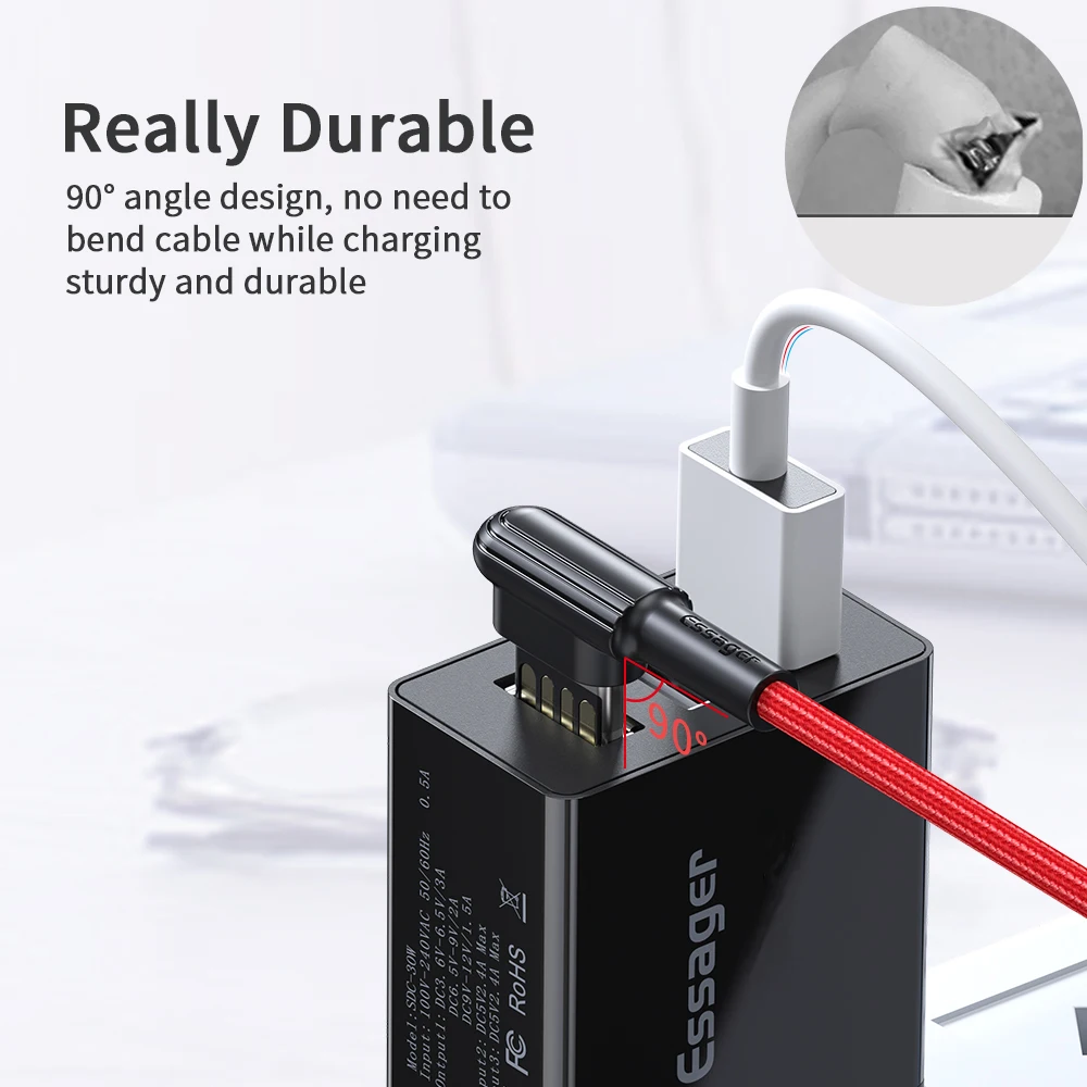 Кабель Essager usb type C 90 градусов USBC шнур для samsung Xiaomi Redmi Note 7 3A Быстрая зарядка зарядное устройство кабель для мобильного телефона USB-C