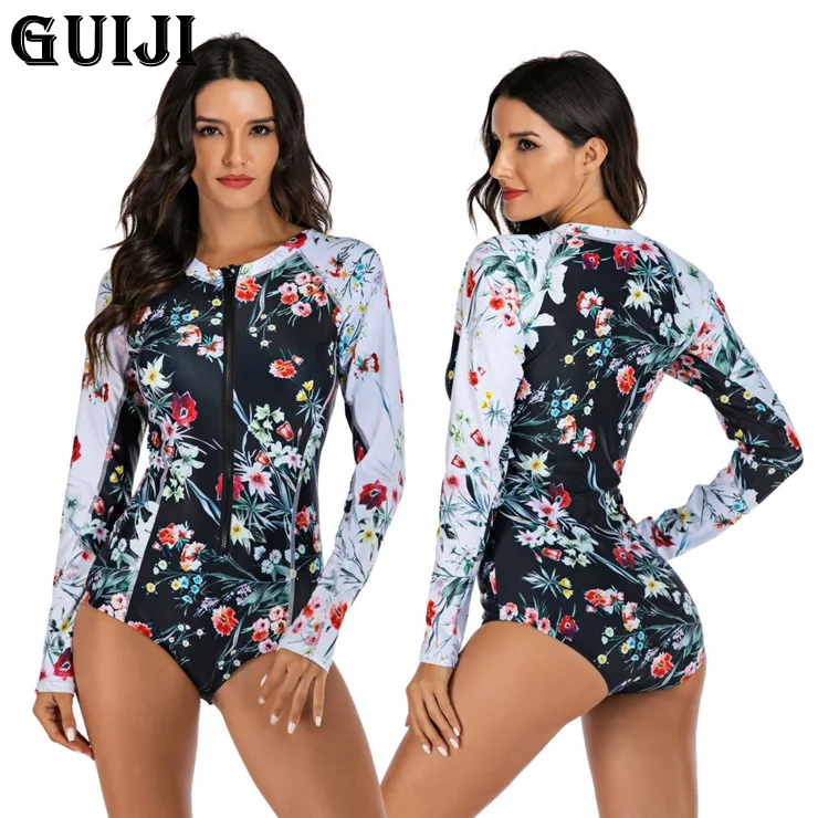 

【GUIJI】Ready Stock 2021 Women Print Floral One Piece Swimsuit Long Sleeve Bathing Suit Retro Swimsuit Vintage Beach Wear Surfing