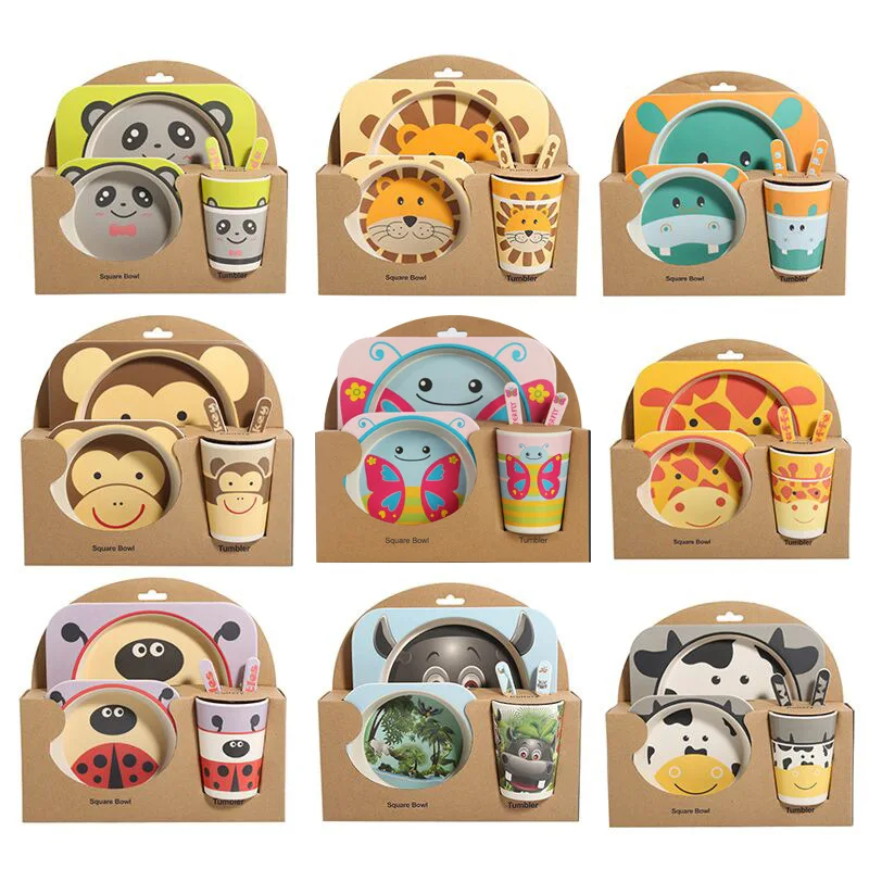 5PCS /Set Children's Tableware Set Bamboo Fiber FDA Animals Creative Cartoon Bowl Grid Plate Spoon Fork Cup Gift Tableware