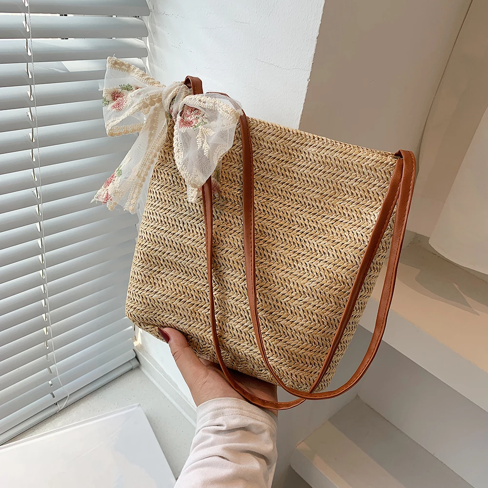 

Fashion Women Summer Woven Silk Scarf Bucket Shoulder Shopping Bag Ladies Beach Vacation Solid Color Casual Small Tote Handbags