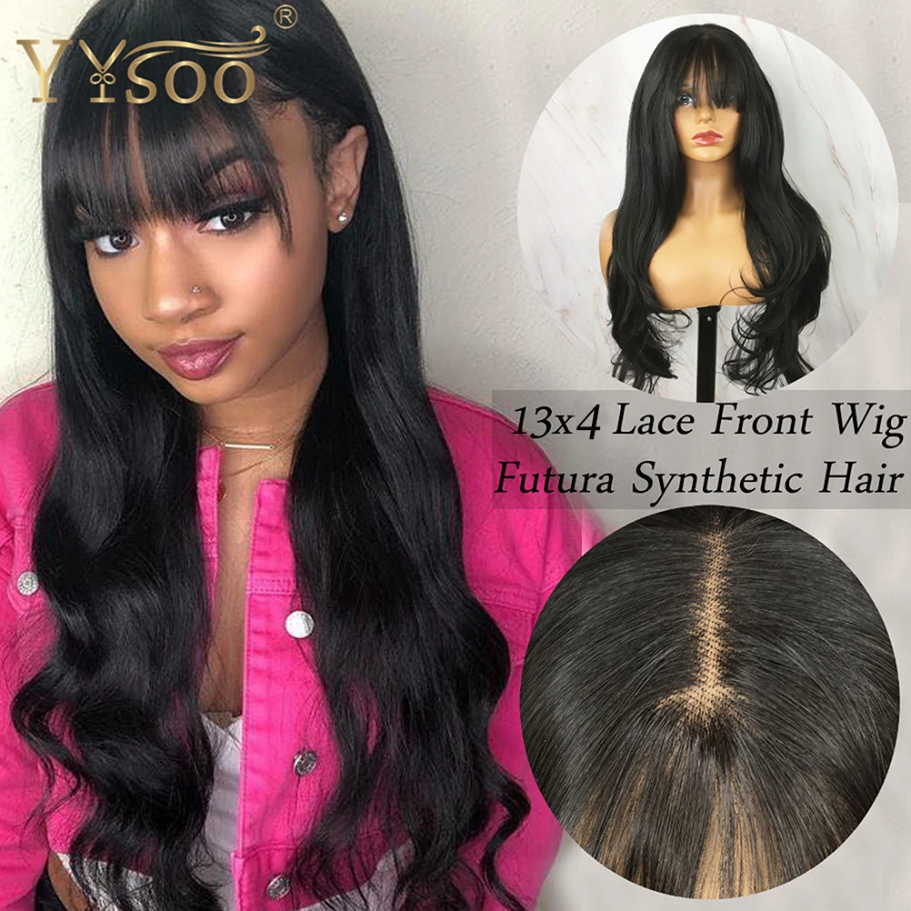 YYsoo Natural Black 13x4 Long Futura Synthetic Lace Front Wig With Bangs Body Wave Japan Heat Resistant Fiber Hair Black Wigs