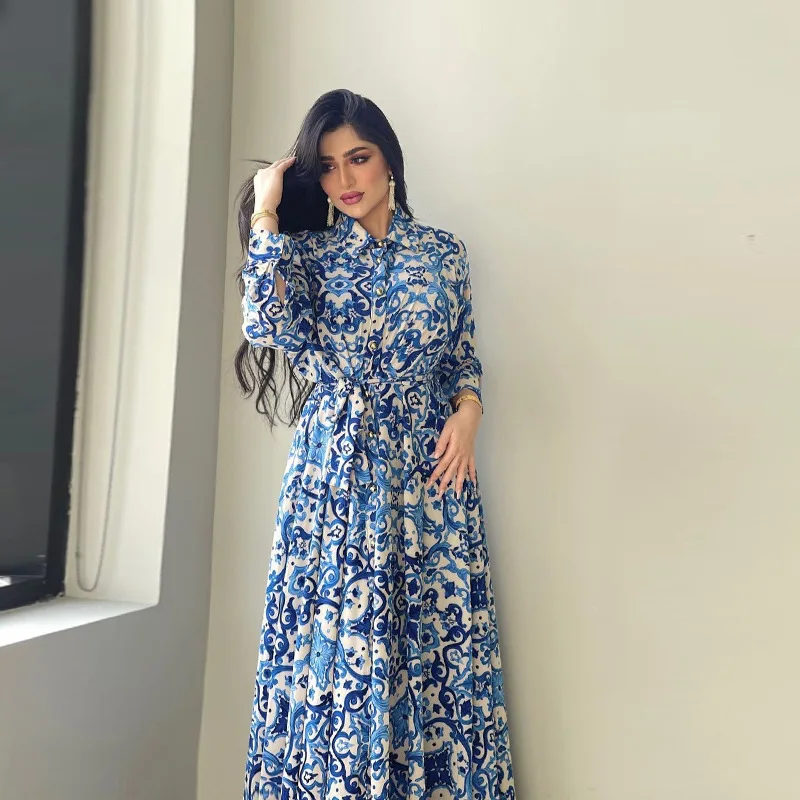 2021 Ladies Blue Floral Maxi Dress Lapel Long Sleeve Malay Indonesia Dubai Arabi Middle East Muslim Abaya