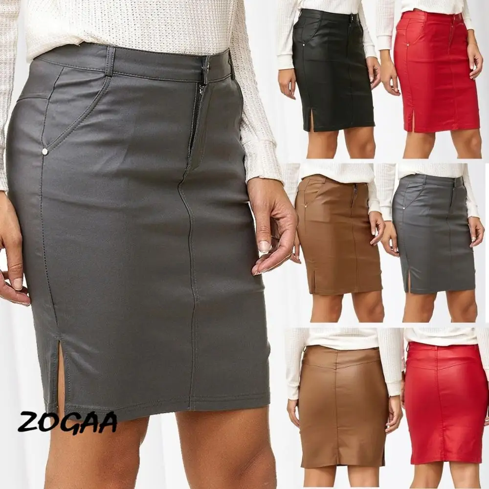 

ZOGAA 2020 New Women's Skirt Leather Look Midi Knee-Length Stretch Bodycon Leather Skirt Oversize