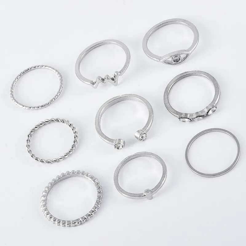 

Personality Summer 9 Pcs/Set Bohemian Ancient Silver Lightning Eyes Joint Ring Set for Women Girls Jewellery Wholesale