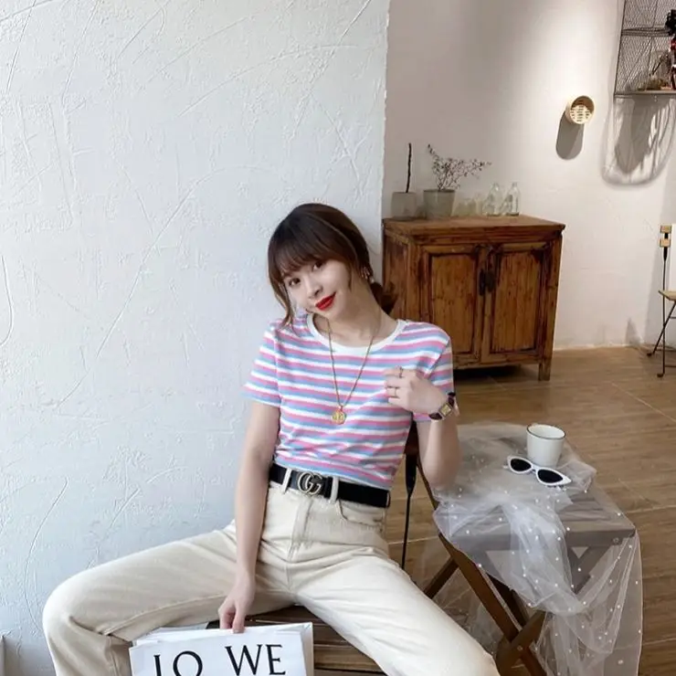 

95 cotton net red stripe short sleeve T-shirt summer 2021 new women's slim top student Korean base coat