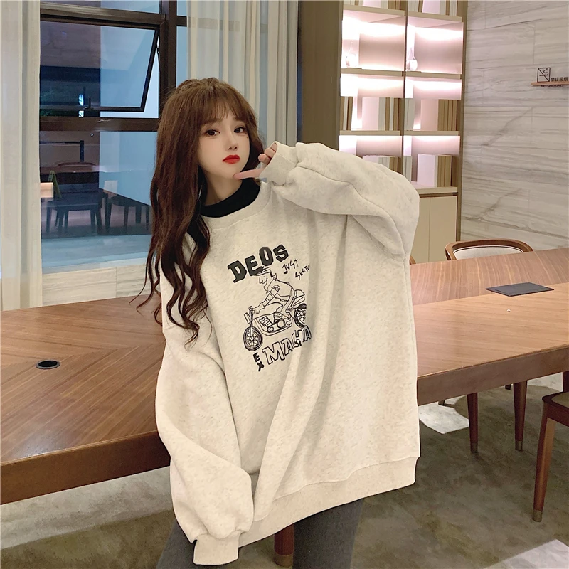

XZ917 women 2021 new Korean version loose and thin plus velvet thick letter pullover capless round neck Sweatshirts