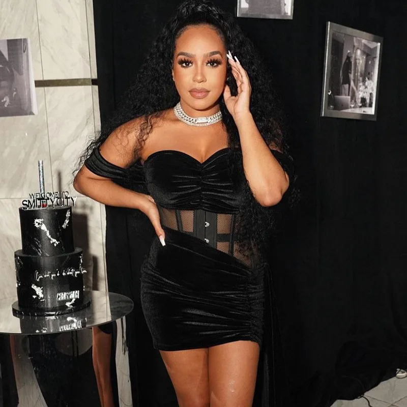 

Echoine Two Piece Sheer Mesh Velvet Patchwork Crop Top Mini Skirt Pleated Fold Sexy Bodycon Black Off Shoulder Top Party Outfits
