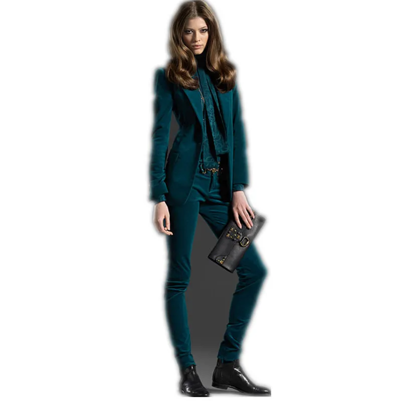 

Темно-зеленая искусственная бархатная женская модель с облегающими брюками, Женская Офисная Униформа