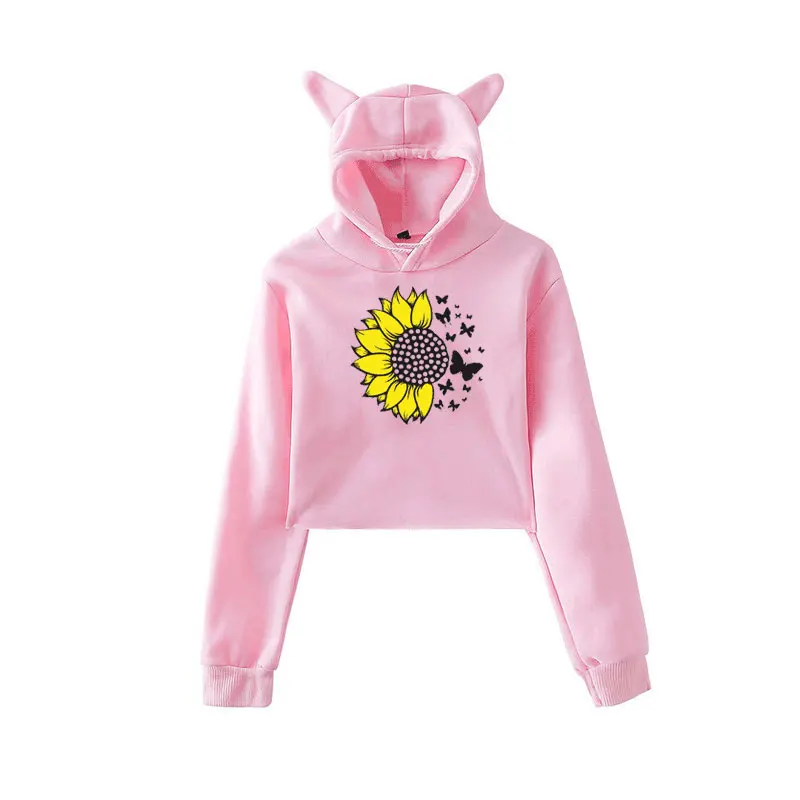 

European And American Autumn 2021 Heavy Coat Lady Hoodie Sweet Cute Cat Ears Sunflower Print Lady Loose Hoodie, Casual