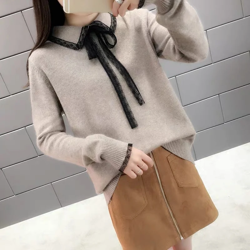 

Sweet Sweater Women Bow Tie Fashion Autumn Knitted Pullovers Long Sleeve Jumper Femme Sweaters