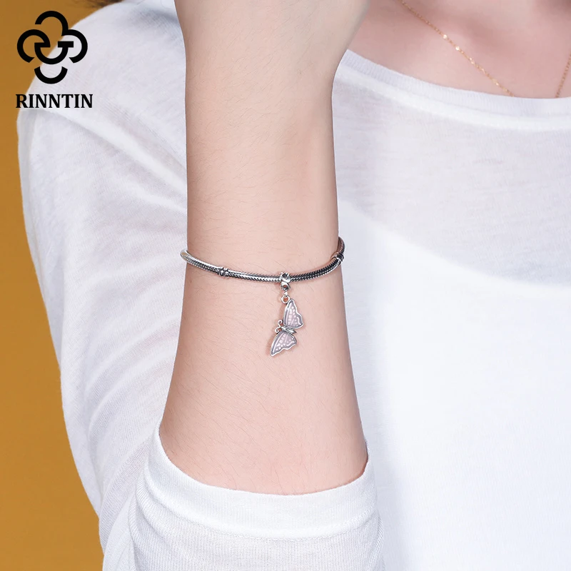 

Rinntin Pure 925 Sterling Silver Bead Inki Pink Color Butterfly Design Heart Hole DIY Cute Bracelet Chain For Girls TCB42