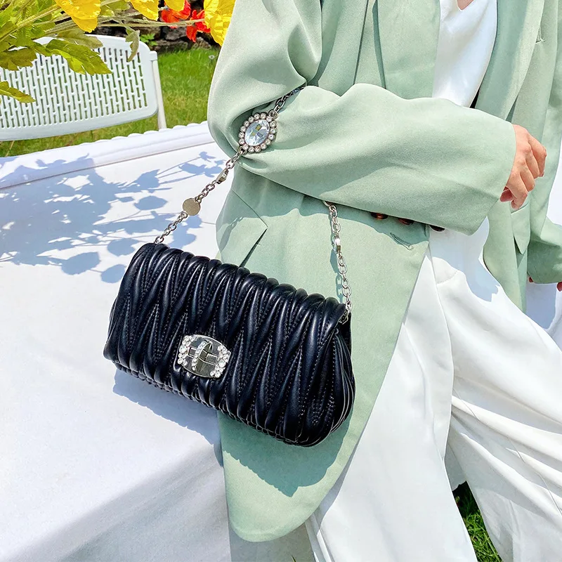 

Женская плиссированная сумка 2020, роскошные брендовые сумки с бриллиантовым замком, сумка на плечо, модная кожаная сумка-мессенджер, средняя
