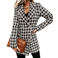 2021 houndstooth womens autumn jacket vintage fashion long plaid wool blend coat double breasted long sleeved tweed coat women