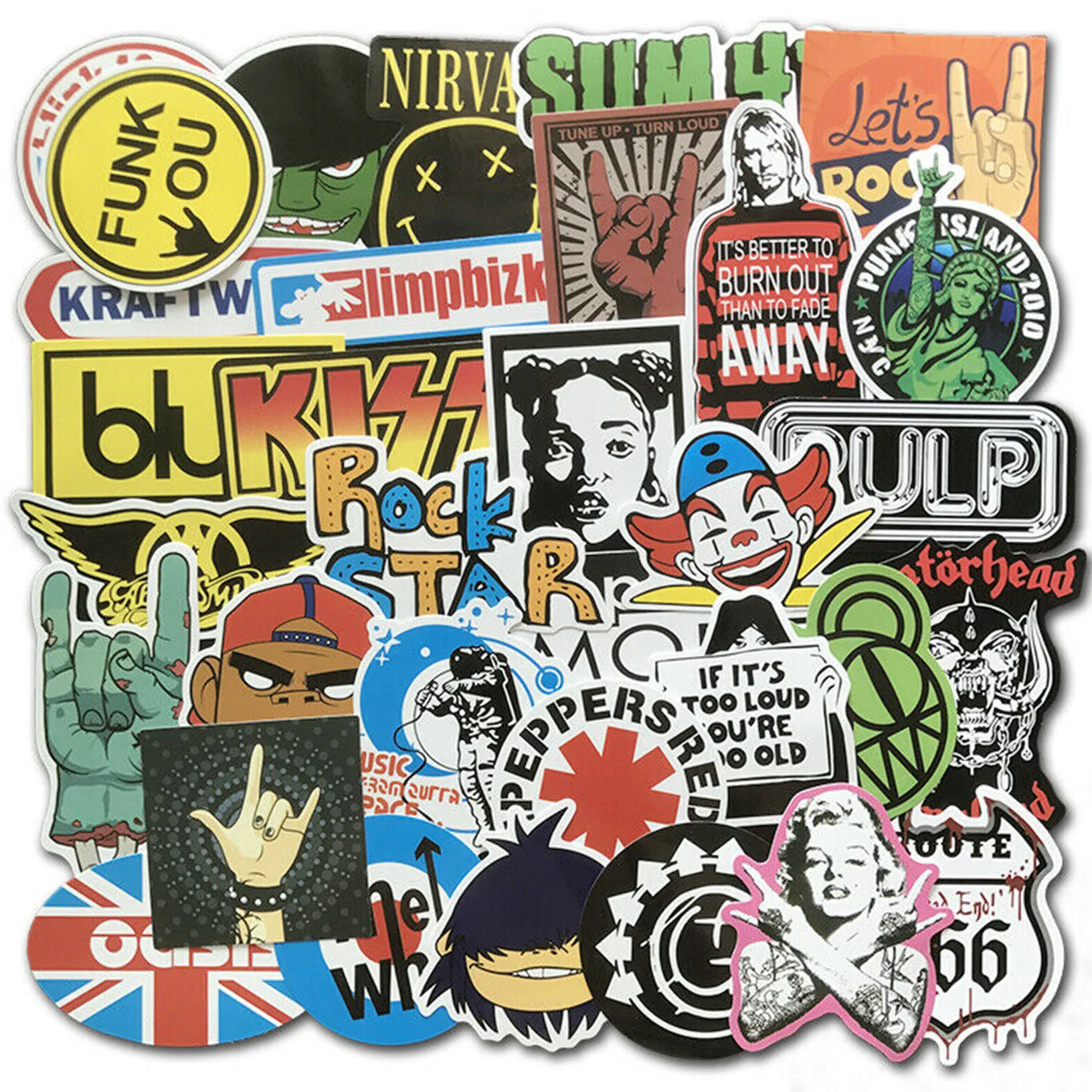 

Lot of 100Pcs Car Punk Retro Metal Heavy Rock n Roll Vintage Music Band Stickers