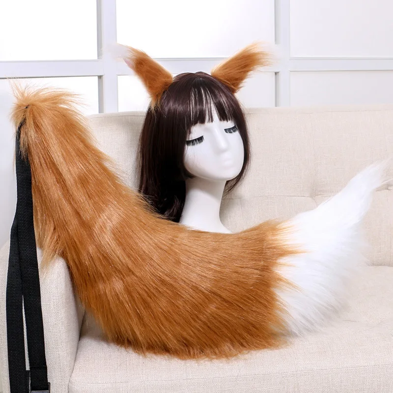 Anime Cosplay Props Spice and Wolf Holo Fox Ears and Tail Set Plush Furry Neko Cat Ears Tails Carnival Party Costume Fancy Dress
