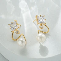 black angel unique design natural freshwater white pearl stud earrings jewelry square zircon gold wedding earrings women gifts