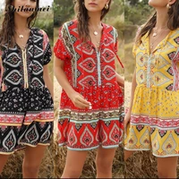 new arrival ethnic casual rompers rayon 2020 summer bohemian printed jumpsuits women buttons lace up loose short beach romper xl