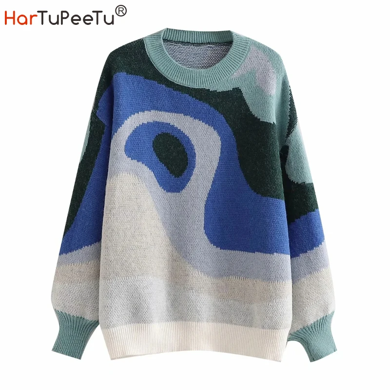 

2021 Autumn Women Chic Printed Sweaters Vintage Batwing Long Sleeve O Neck Jumper Tops Female Fashion Casual Basic Knitwear