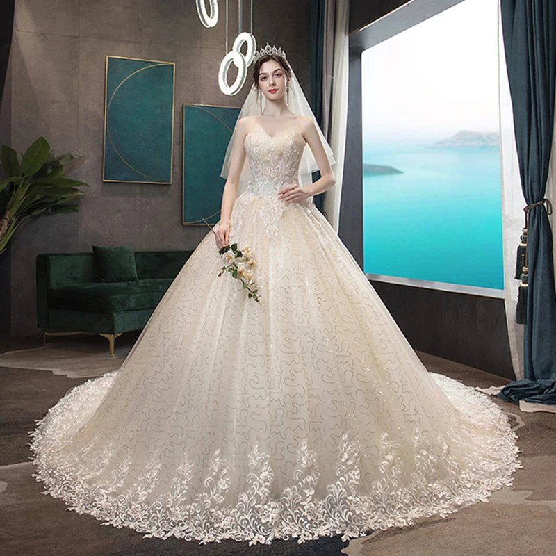 

High grades Sequin yarn Vestido de Noiva New Wedding Dress Ball Gown Off the shoulder lace edge Sweetheart Robe De Mariee
