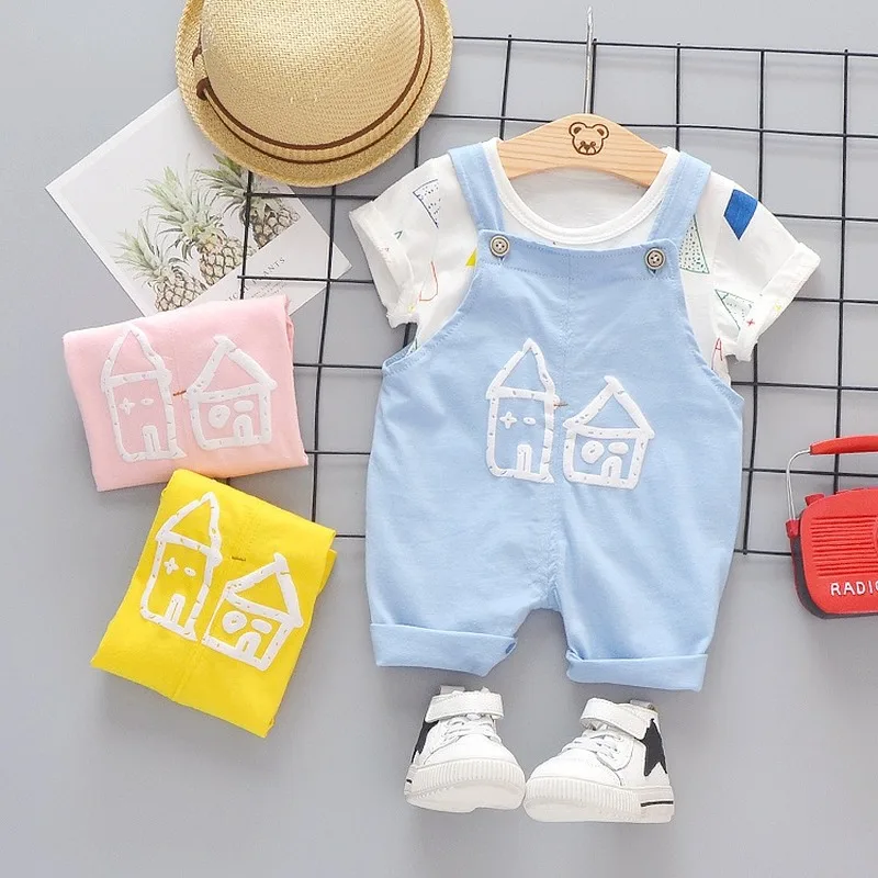 Summer Baby Girls Boys Clothes Infant Color T Shirt Kids Cartoon House Pattern Bib Pants 2pcs/sets Children Casual Sport Suits
