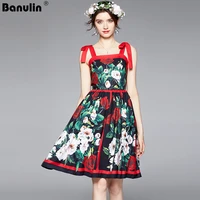 banulin 2021 summer fashion runway bow tie tank dress womens sleeveless floral print elegant party pleated short vestido n66826