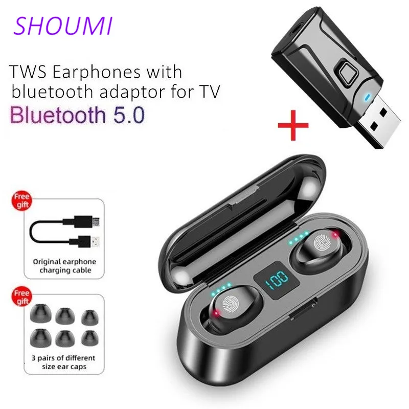 Fone de Ouvido Fones à Prova Tws sem Fio tv com Microfone Uso para tv Bluetooth Dtwágua Ture Esportes Fone Adaptador pc Carro F9-2 Tws