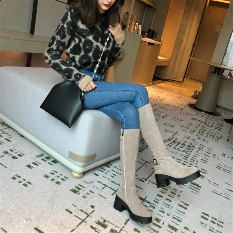

MoonMeek 2021 winter knee high boots square heels round toe platform women boots top quality cow suede ladies shoes