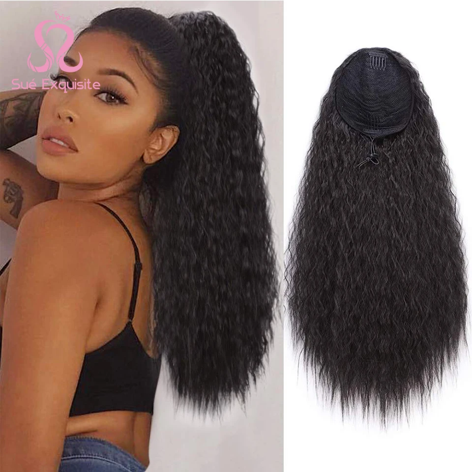 

SUe EXQUISITE Black Long Ponytail Kinky Curly Synthetic Women's Clip In Ponytail High Temperature Hair Extension for Women