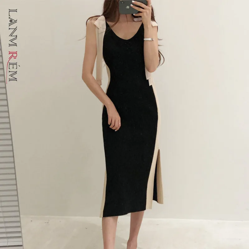 

Женское трикотажное платье LANMREM, облегающее длинное платье на бретельках без рукавов с бантом, элегантная уличная одежда, 2D1292