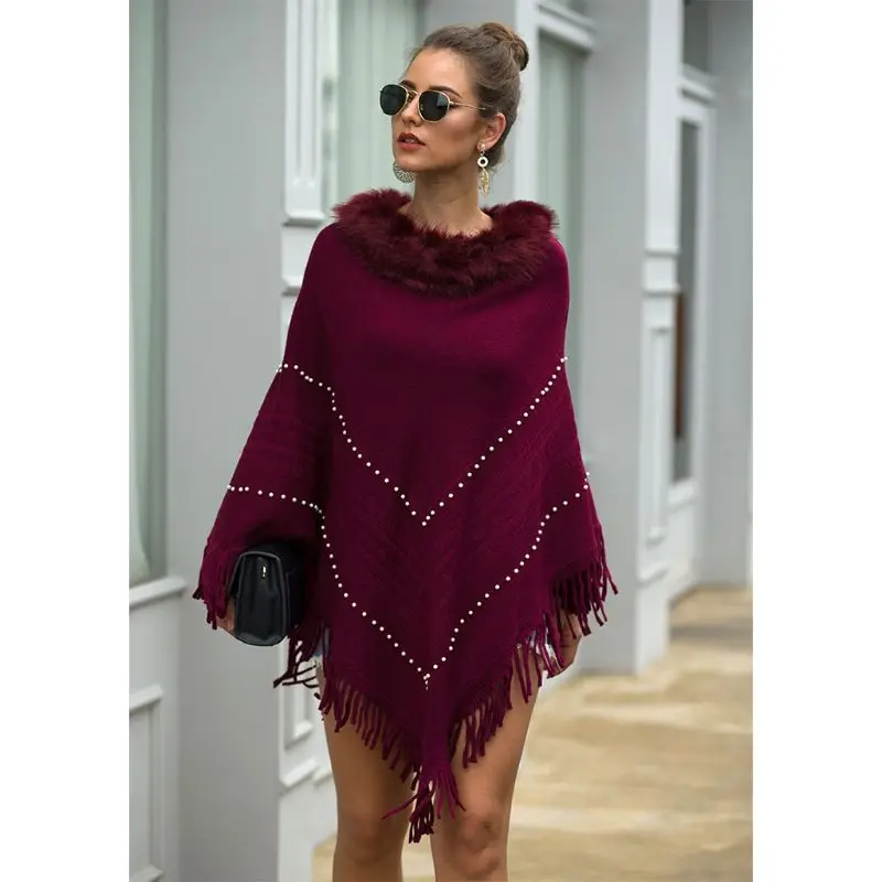 

Womens Plush Collar Knitted Pullover Sweater Top Fringe Tassel Shawl Wrap Batwing Faux Pearl Beading Geometric Striped Poncho Ca